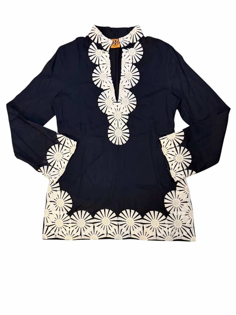 Tory Burch Navy Tunic Top Embroidered Trim Size 12